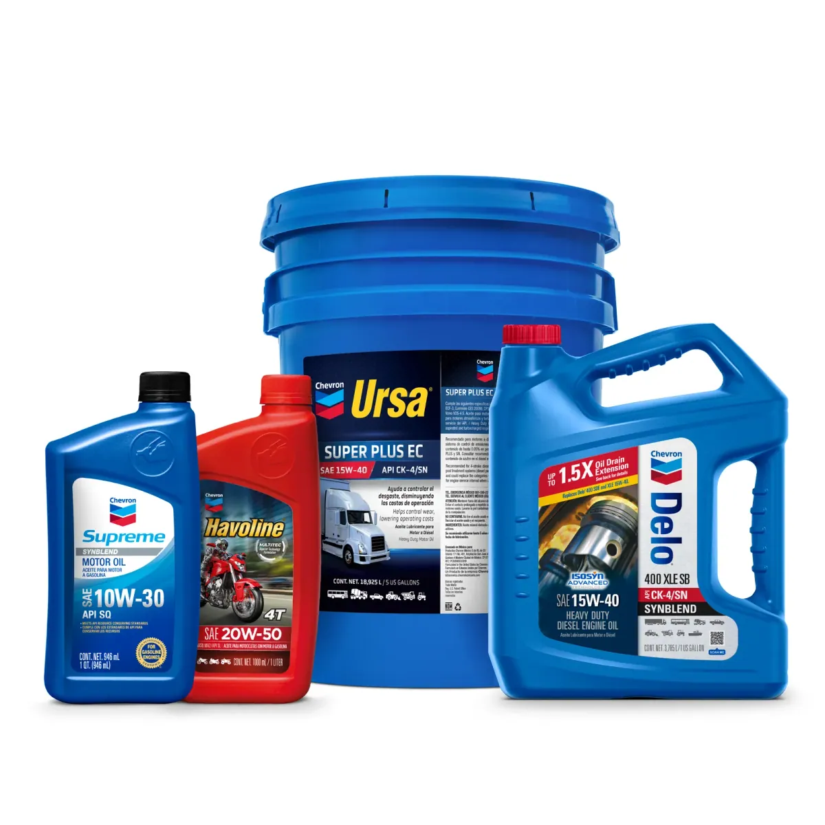 Lubricantes Chevron: Supreme 10W-30, Havoline 20W-50, Ursa Super Plus EC 15W-40 y Delo 400 XLE SD 15W-40
